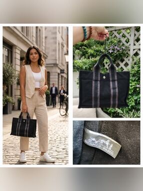 Hermes Black Canvas Bag with silver snap closure